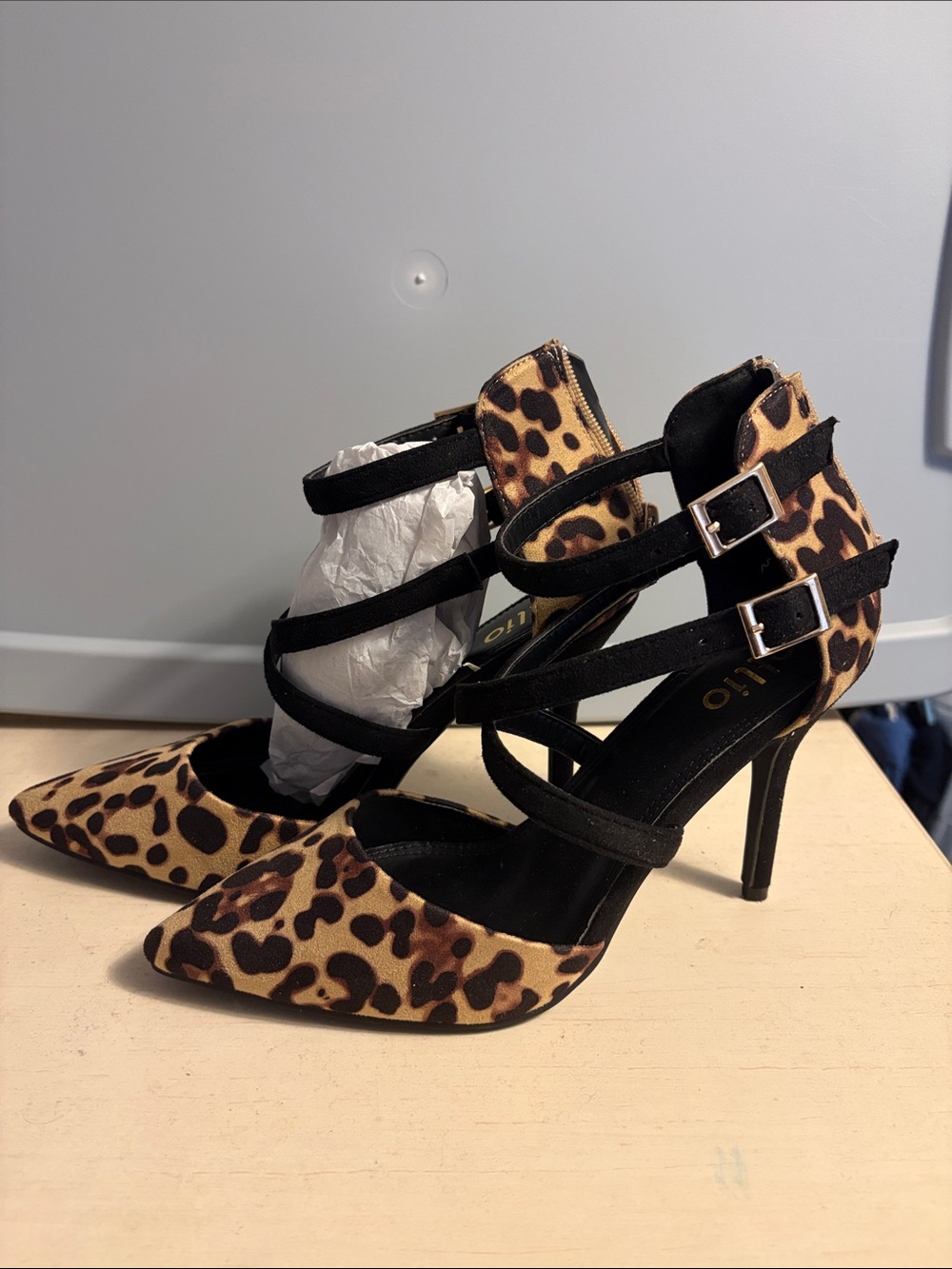 Leopard Print Strappy Pointed-Toe Heels - Black & Brown